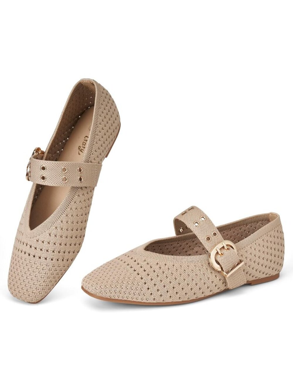 Women's Cream Square Toe Ballet Flats with Buckle Straps Mary Jane Shoes